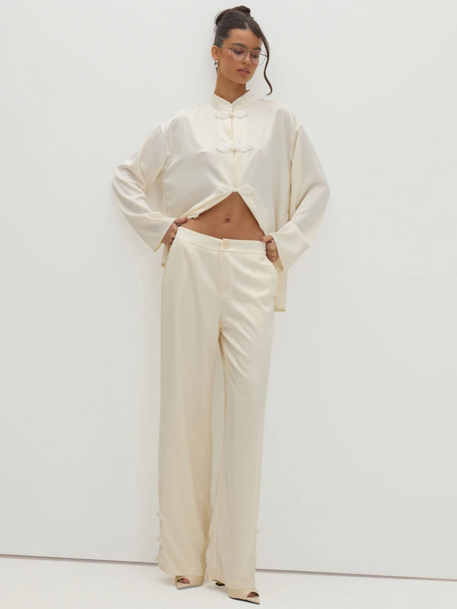 MUSEYN Cream Satin Elasticated Waist Knot Detail Trousers Versatile Evening Date Night Chic New Season Fall Party Elagant - Cream - View 1