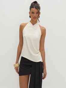 MUSEYN Cream Satin Jacquard Detail Mandarin Collar Halterneck Top Versatile Evening Date Night Chic New Season Fall Party Elagant - Beige - View 2