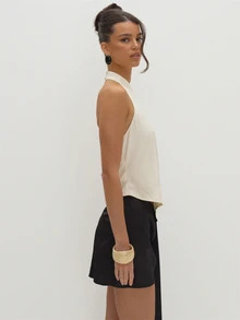 MUSEYN Cream Satin Jacquard Detail Mandarin Collar Halterneck Top Versatile Evening Date Night Chic New Season Fall Party Elagant - Beige - View 4