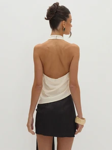 MUSEYN Cream Satin Jacquard Detail Mandarin Collar Halterneck Top Versatile Evening Date Night Chic New Season Fall Party Elagant - Beige - View 5