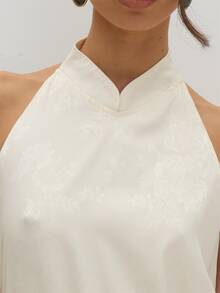 MUSEYN Cream Satin Jacquard Detail Mandarin Collar Halterneck Top Versatile Evening Date Night Chic New Season Fall Party Elagant - Beige - View 6
