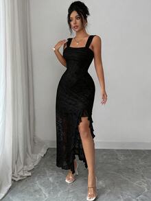 Modelyn Women's Elegant Off-Shoulder Spaghetti Strap Jacquard Knit Dress With Slit, Suitable For Party And Vacation, Spring/Summer - Black - View 7