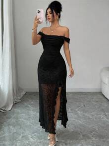 Modelyn Women's Elegant Off-Shoulder Spaghetti Strap Jacquard Knit Dress With Slit, Suitable For Party And Vacation, Spring/Summer - Black - View 3