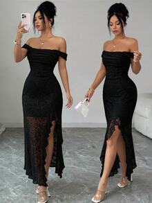 Modelyn Women's Elegant Off-Shoulder Spaghetti Strap Jacquard Knit Dress With Slit, Suitable For Party And Vacation, Spring/Summer - Black - View 4