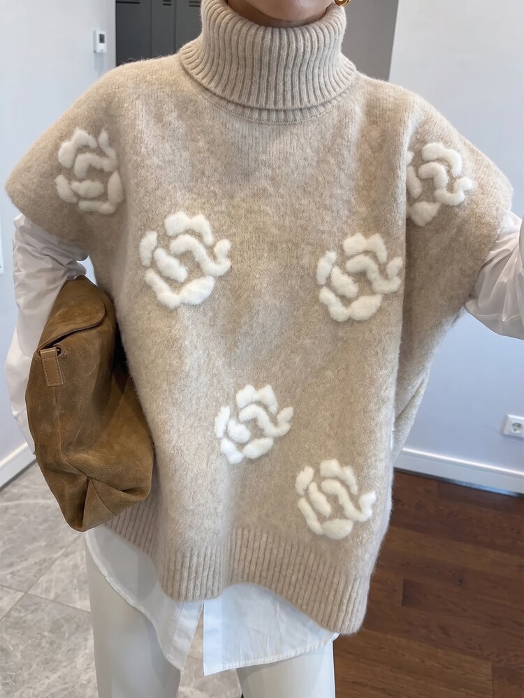 SHEIN LUNE Women's High Neck 3D Rose Decor Sweater Flower Vest Sweater Beige Knitwear Autumn/Winter 2026 Christmas Clothes Formal Elegant Casual Knit Top - Apricot - View 4