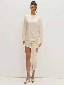 MUSEYN Cream Satin Jacquard Fringe Tie Mini Dress Versatile Evening Date Night Chic New Season Fall Party Elagant - Beige - View 2