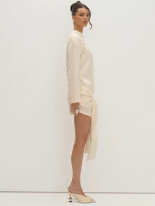 MUSEYN Cream Satin Jacquard Fringe Tie Mini Dress Versatile Evening Date Night Chic New Season Fall Party Elagant - Beige - View 4