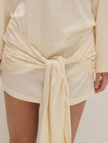 MUSEYN Cream Satin Jacquard Fringe Tie Mini Dress Versatile Evening Date Night Chic New Season Fall Party Elagant - Beige - View 6