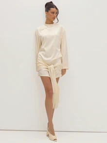 MUSEYN Cream Satin Jacquard Fringe Tie Mini Dress Versatile Evening Date Night Chic New Season Fall Party Elagant - Beige - View 1