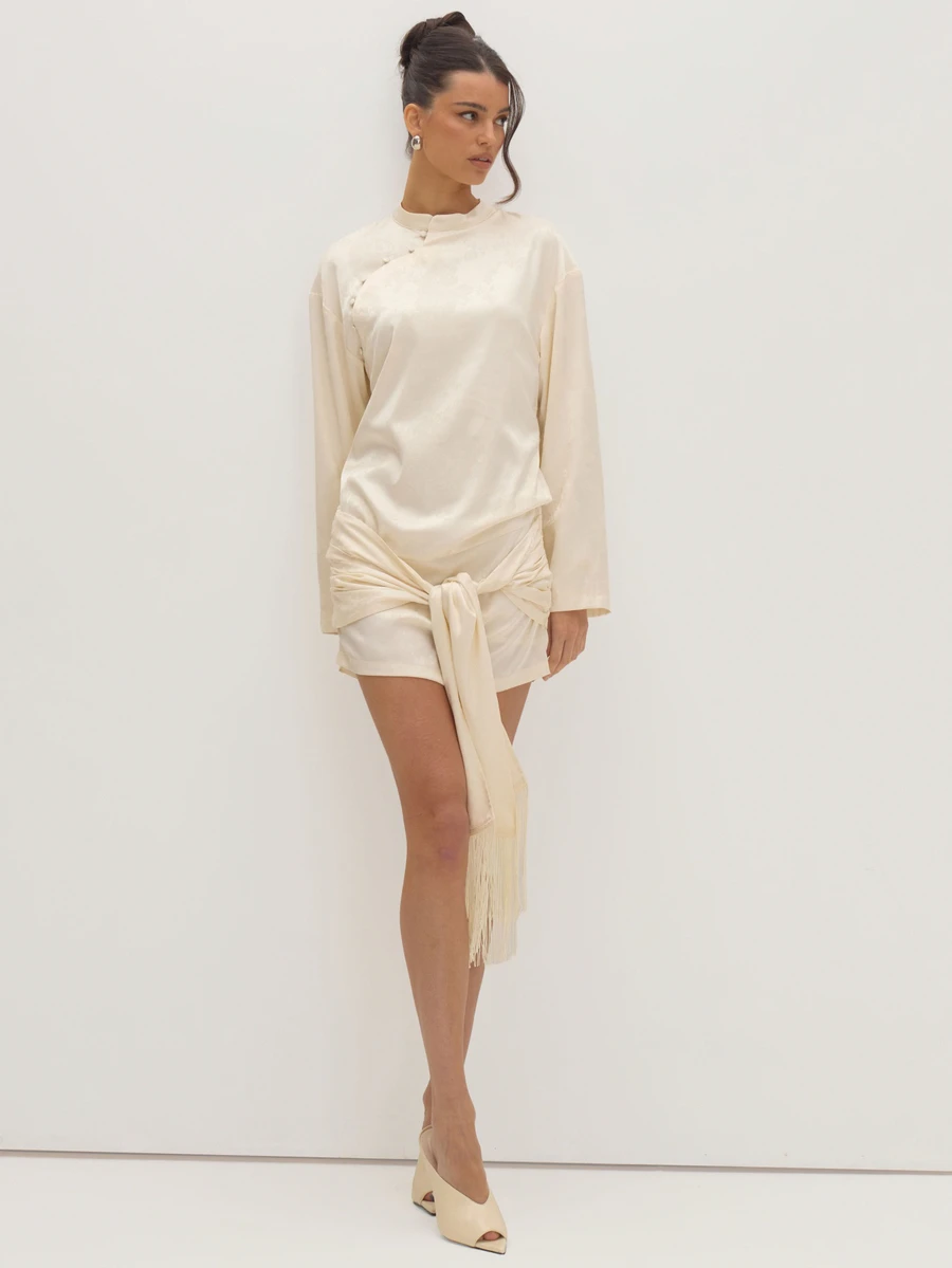 MUSEYN Cream Satin Jacquard Fringe Tie Mini Dress Versatile Evening Date Night Chic New Season Fall Party Elagant - Beige - View 1