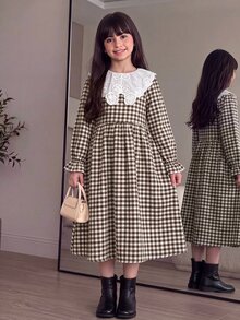 Tween女孩秋冬休閒度假優雅通勤梭織格紋拼接刺繡大翻領抓皺公主下擺洋裝卡其色 - 卡其色 - 查看 5