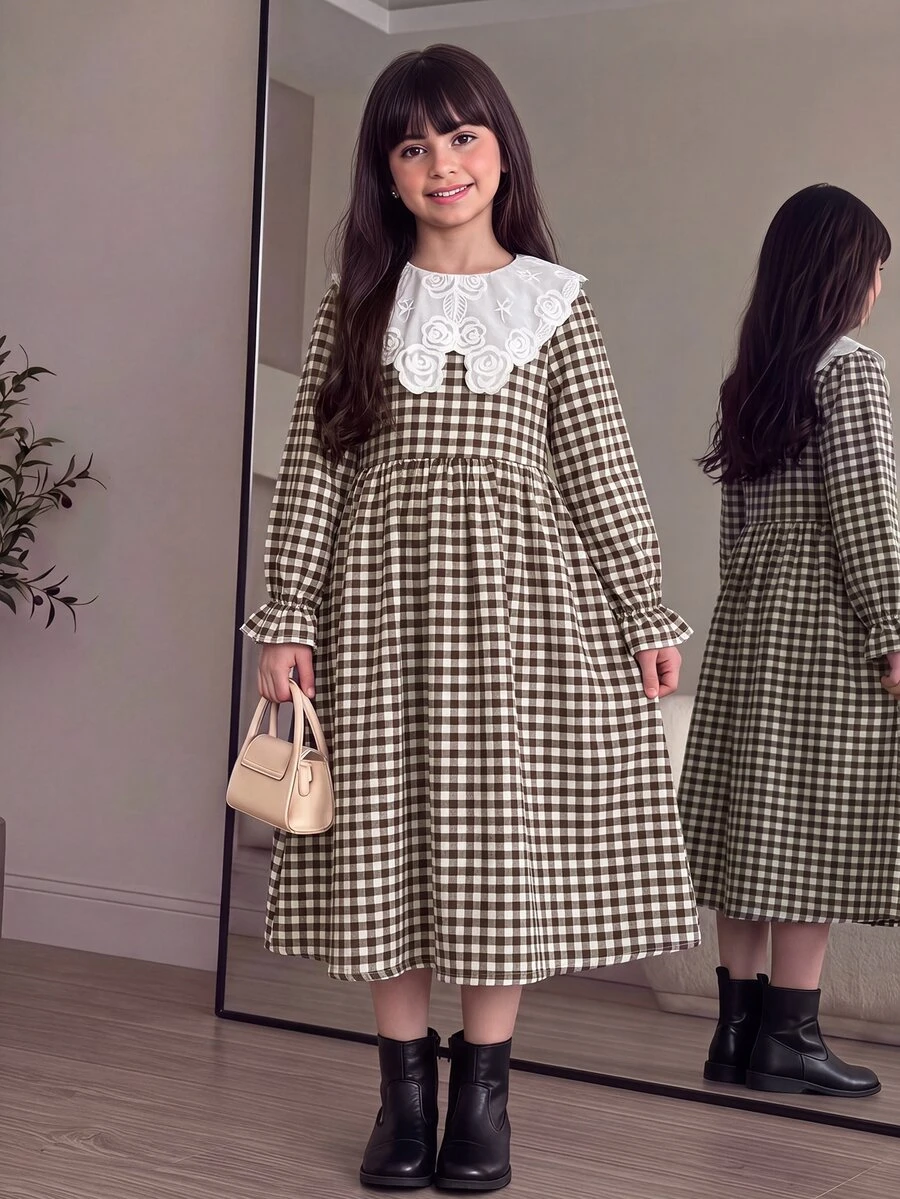 Tween Girl Tween Girl Autumn/Winter Casual Vacation Elegant Commute Woven Plaid Patchwork Embroidered Large Lapel Ruched Princess Hem Dress Khaki - Khaki - View 1