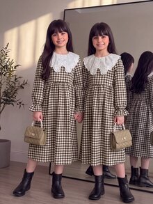 Tween女孩秋冬休閒度假優雅通勤梭織格紋拼接刺繡大翻領抓皺公主下擺洋裝卡其色 - 卡其色 - 查看 4