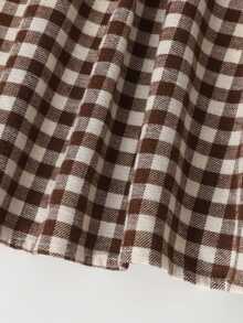 Tween女孩秋冬休閒度假優雅通勤梭織格紋拼接刺繡大翻領抓皺公主下擺洋裝卡其色 - 卡其色 - 查看 7