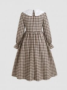 Tween女孩秋冬休閒度假優雅通勤梭織格紋拼接刺繡大翻領抓皺公主下擺洋裝卡其色 - 卡其色 - 查看 2