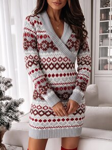 Selianne Women's All-Over Print Casual Everyday Knit Dress - Grey - View 1