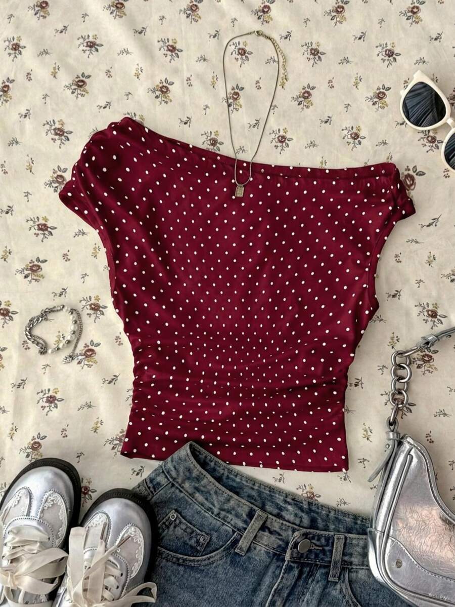 Attitoon Women's Asymmetric Ruched Cropped Top,Summer Top - Burgundy - View 1