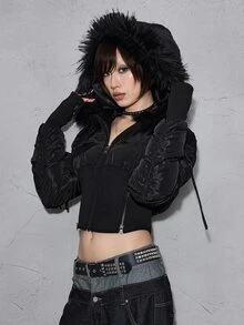 ROMWE Grunge Punk Autumn/Winter Y2K Fuzzy Patchwork Sexy Open Front Hooded Cropped Slim Fit Women's Padded Coat - Black - View 4