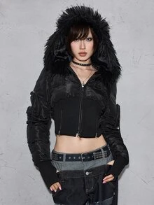 ROMWE Grunge Punk Autumn/Winter Y2K Fuzzy Patchwork Sexy Open Front Hooded Cropped Slim Fit Women's Padded Coat - Black - View 1