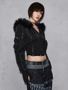 ROMWE Grunge Punk Autumn/Winter Y2K Fuzzy Patchwork Sexy Open Front Hooded Cropped Slim Fit Women's Padded Coat - Black - View 5