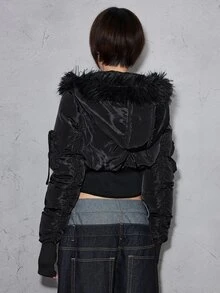 ROMWE Grunge Punk Autumn/Winter Y2K Fuzzy Patchwork Sexy Open Front Hooded Cropped Slim Fit Women's Padded Coat - Black - View 6