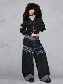 ROMWE Grunge Punk Autumn/Winter Y2K Fuzzy Patchwork Sexy Open Front Hooded Cropped Slim Fit Women's Padded Coat - Black - View 3