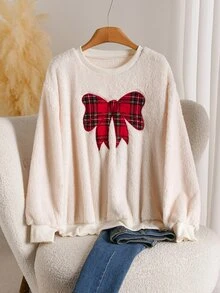 CosyJoli Plus Size Bow Pattern Casual Daily Long Sleeve Sweatshirt Christmas Day Sweatshirt For Women Fall/Winter Casual Daily Going Out Sweatshirt Outfit For Women - Beige - View 5