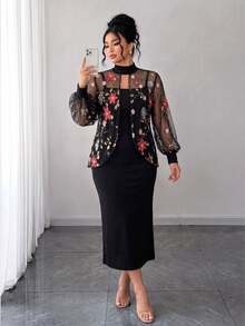 SHEIN LUNE Elegant Fashion Party Vacation Floral Embroidery Heavy Craftsmanship Women Plus Size 2 Pieces Set - Multicolor - View 5