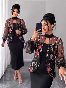 SHEIN LUNE Elegant Fashion Party Vacation Floral Embroidery Heavy Craftsmanship Women Plus Size 2 Pieces Set - Multicolor - View 1