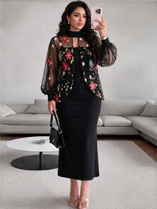SHEIN LUNE Elegant Fashion Party Vacation Floral Embroidery Heavy Craftsmanship Women Plus Size 2 Pieces Set - Multicolor - View 3