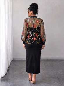 SHEIN LUNE Elegant Fashion Party Vacation Floral Embroidery Heavy Craftsmanship Women Plus Size 2 Pieces Set - Multicolor - View 2