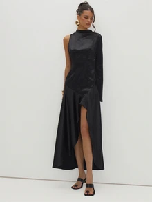 MUSEYN Black Satin One Sleeve Asymetric Hem Midi Dress - Black - View 2