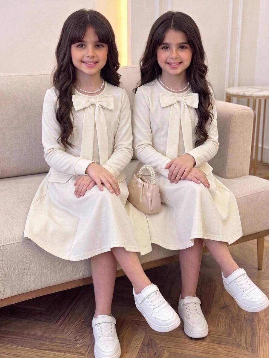 Girlism Tween Girl Bow Decor Casual Daily Summer Dress Kids - Beige - View 1