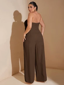 SHEIN Tall CURVE 大尺碼女款巧克力棕色秋季優雅抹胸西裝外套夏季套裝，辦公室仙女美人魚商務兩件套，老錢風穿搭 - 咖啡棕 - 查看 2