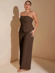 SHEIN Tall CURVE 大尺碼女款巧克力棕色秋季優雅抹胸西裝外套夏季套裝，辦公室仙女美人魚商務兩件套，老錢風穿搭 - 咖啡棕 - 查看 4