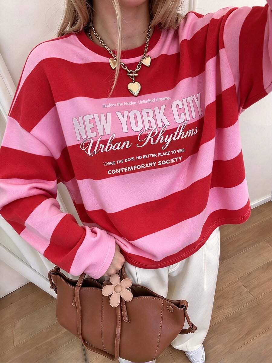 IslaSuriya Y2K 女款外出上衣,秋冬休閒彩色條紋圓領中長袖針織衫 - 彩色 - 查看 1