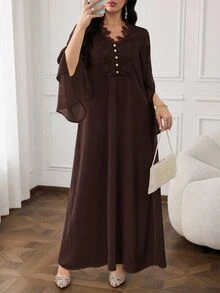 Al Najma Đầm Ả Rập thanh lịch cho nữ size lớn, màu trơn phối ren tương phản, cổ chữ V, xẻ tà, tay dài - màu nâu - Xem 6