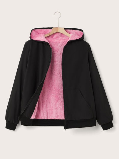 SHEIN EZwear Chaqueta casual versátil con capucha y forro térmico de talla grande, multicolor/rosa invierno con forro de felpa Año Nuevo