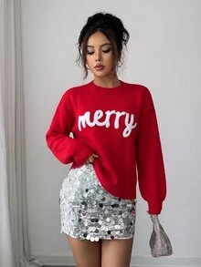 Elenzga 女款紅色針織亮片套頭毛衣 Merry Santa 聖誕字母背後亮面蝴蝶結裝飾休閒秋冬服飾 2026 適合派對舞會新年 - 紅色 - 查看 8