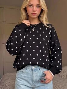 SHEIN 青少年女孩秋冬休閒寬鬆大尺寸黑白圓點提花長袖套頭毛衣，黑色青少年女孩毛衣，百搭復古通勤校園風 - 黑色 - 查看 8