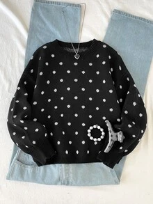 SHEIN 青少年女孩秋冬休閒寬鬆大尺寸黑白圓點提花長袖套頭毛衣，黑色青少年女孩毛衣，百搭復古通勤校園風 - 黑色 - 查看 3