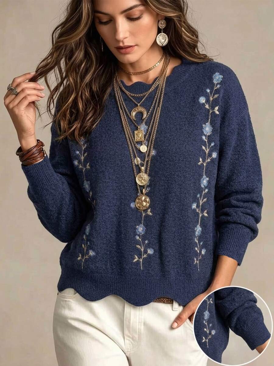 SHEIN 海軍藍花卉蕾絲領寬鬆刺繡秋季毛衣，適合早午餐，浪漫休閒波希米亞優雅風