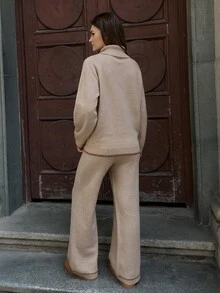 Selianne 秋冬款女款優雅簡約休閒通勤毛衣兩件套，米色，適合日常出行 - 卡其色 - 查看 2