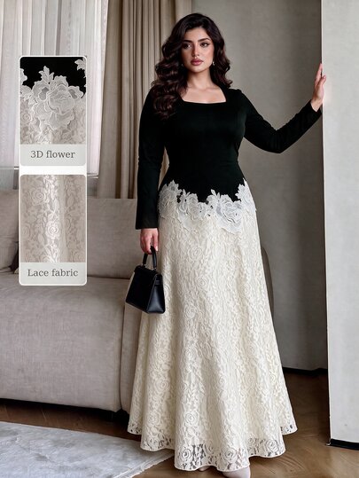 Modelyn Đầm size lớn phối hai màu cổ vuông ren gấu xòe