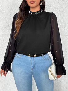 Flirla Elegant Romantic Stand Collar Long Sleeve Chiffon Shirt With Pearl Decor And Ruffle Cuffs Autumn Cloth For Women Office Dinner Black - Black - View 8