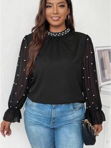 Flirla Elegant Romantic Stand Collar Long Sleeve Chiffon Shirt With Pearl Decor And Ruffle Cuffs Autumn Cloth For Women Office Dinner Black - Black - View 1