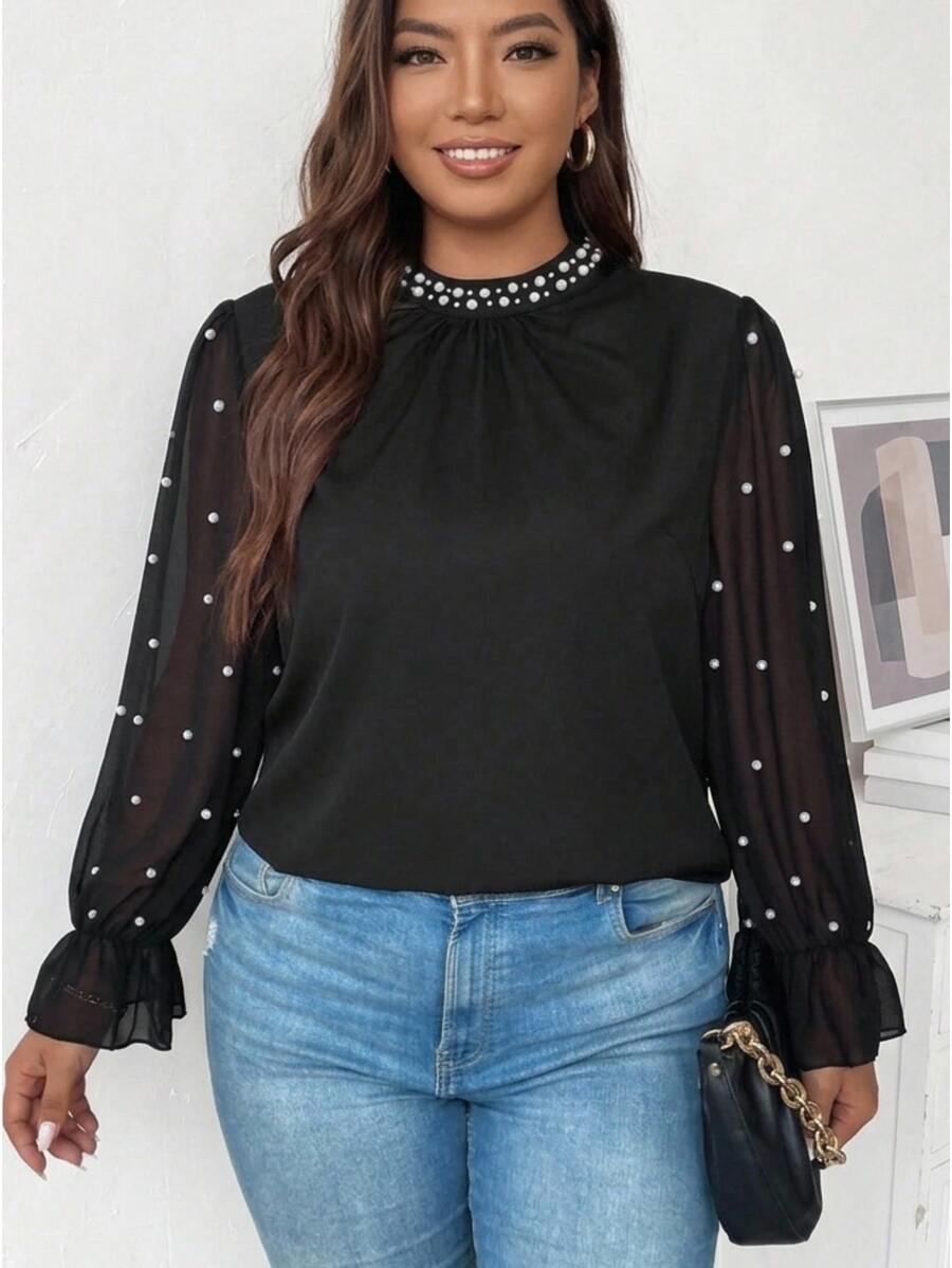 Flirla Elegant Romantic Stand Collar Long Sleeve Chiffon Shirt With Pearl Decor And Ruffle Cuffs Autumn Cloth For Women Office Dinner Black - Black - View 1