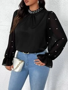 Flirla Elegant Romantic Stand Collar Long Sleeve Chiffon Shirt With Pearl Decor And Ruffle Cuffs Autumn Cloth For Women Office Dinner Black - Black - View 4