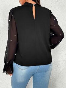 Flirla Elegant Romantic Stand Collar Long Sleeve Chiffon Shirt With Pearl Decor And Ruffle Cuffs Autumn Cloth For Women Office Dinner Black - Black - View 3