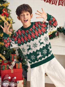 SHEIN 兒童青少年男孩休閒韓系學院風圓領長袖綠紅配色針織衫，適合通勤、上學、日常休閒外出、運動，秋冬季節，聖誕節 - 綠色 - 查看 5